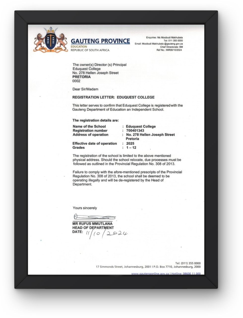 EduQuest College registration certificate